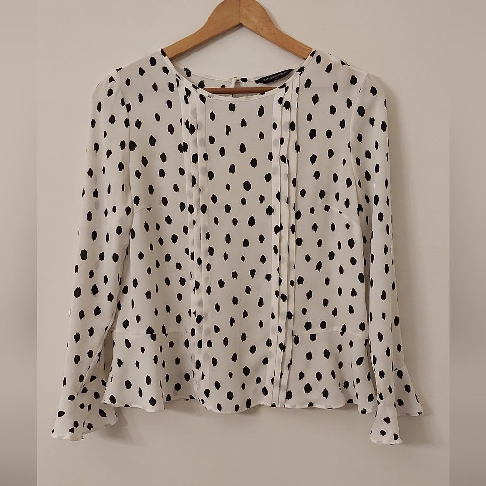 Banana Republic Blouse Top Womens Petite Medium White Black Polka Dot Pullover